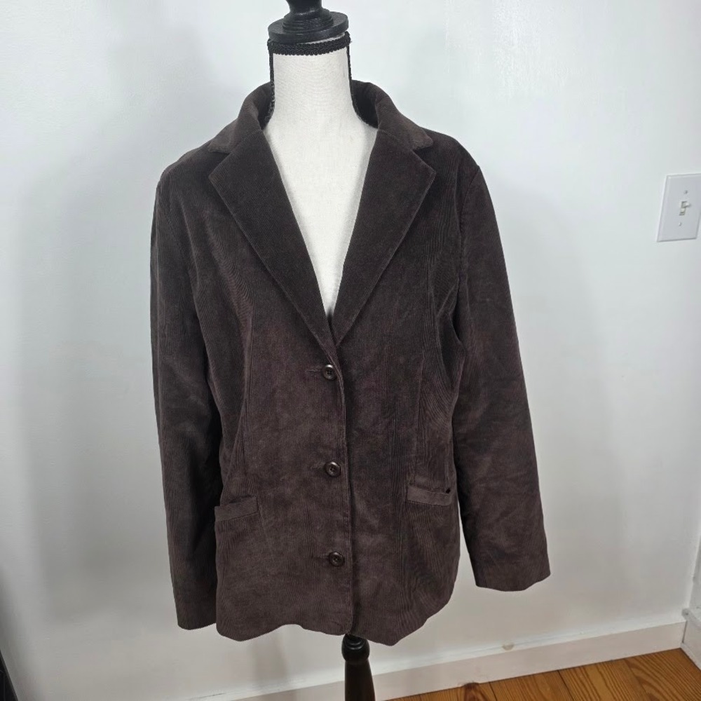 LLBean Womens Brown Corduroy Blazer Jacket Button Front Pockets‎ Size 16 Reg